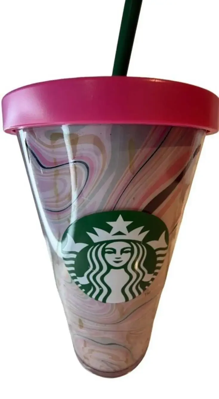 Starbucks 2018 16 oz Pink Marble Swirl Valentine’s Day Cold Cup Tumbler Straw